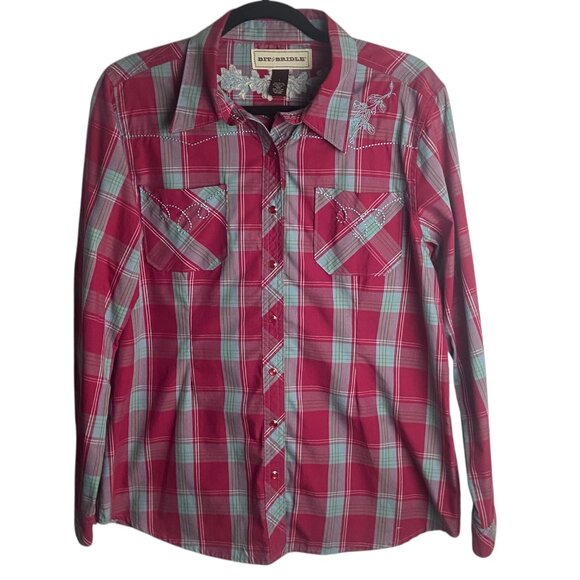 Bit and Bridle Women's Size L Pearl Snap Western Shirt Plaid Pink Embroidered - Picture 1 of 7